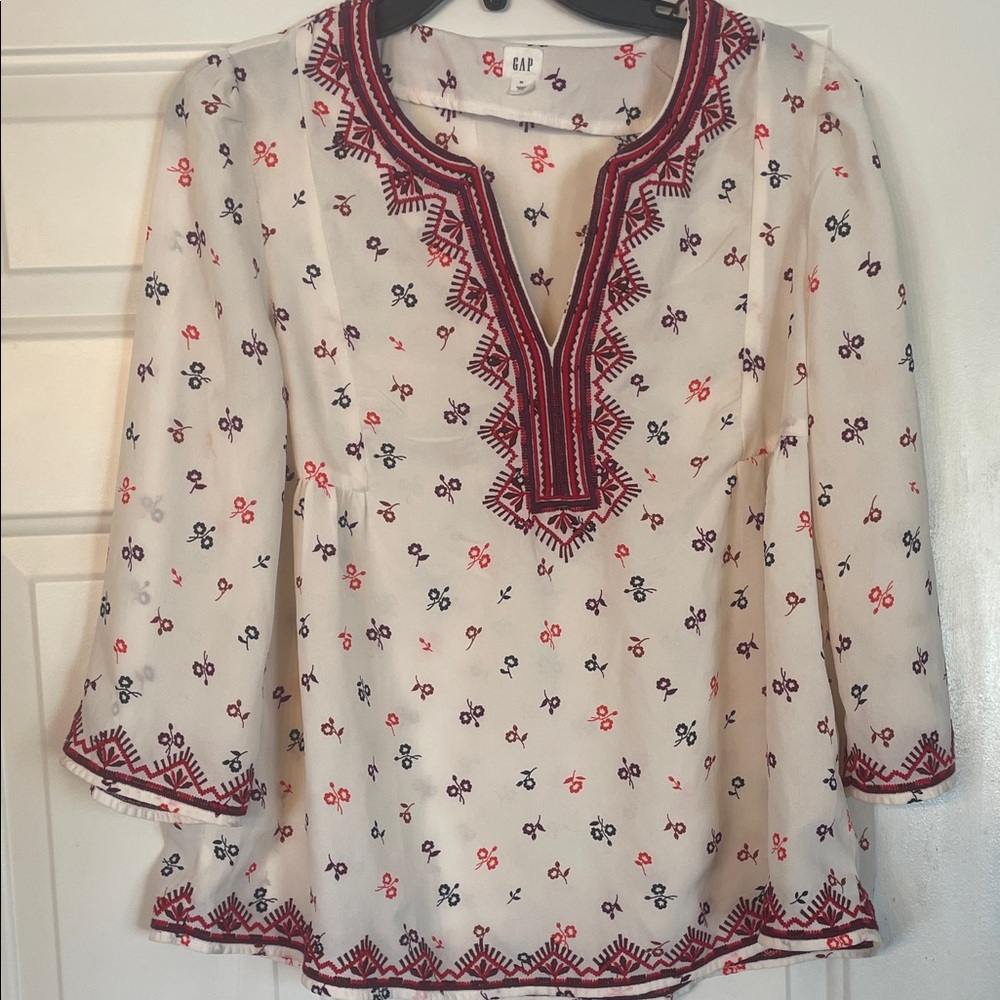 GAP Women's White Blouse with Red and Black Embroidery